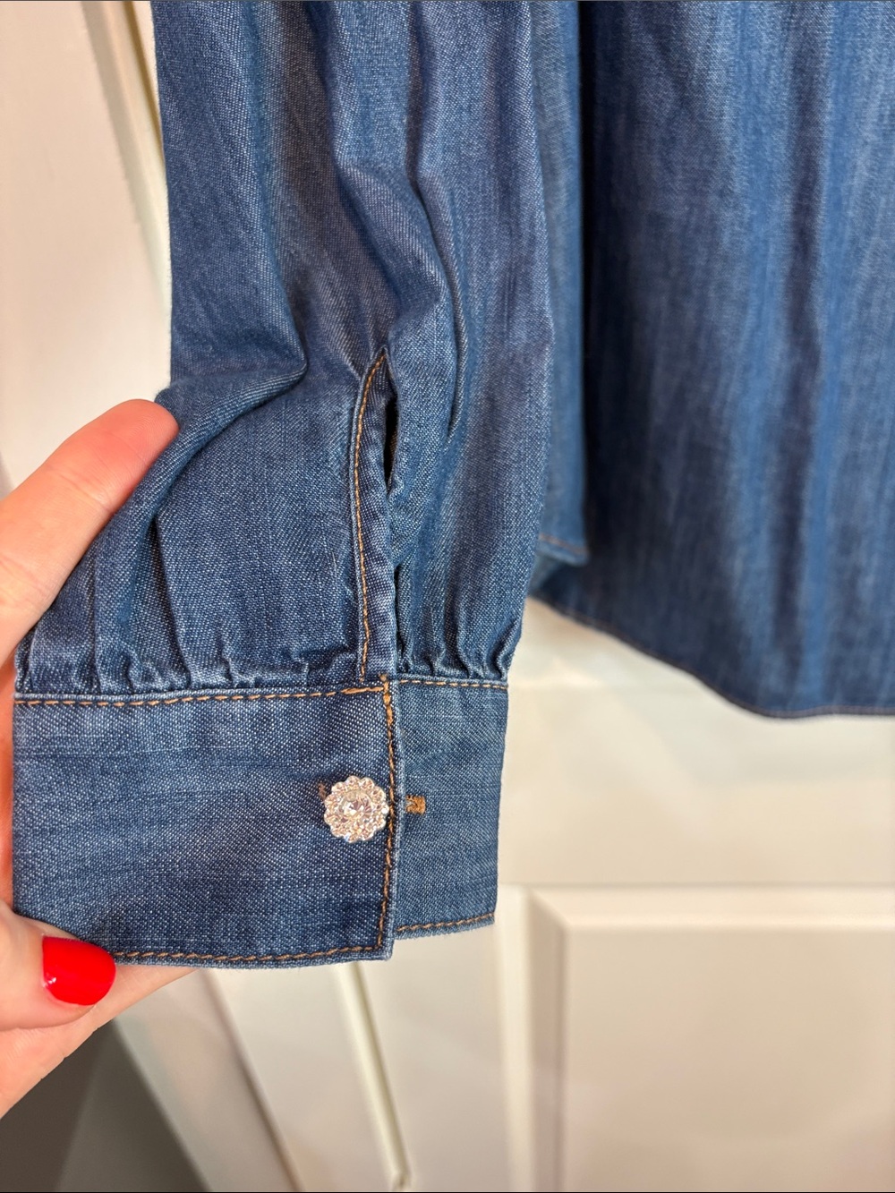 NWT- Talbots Chambray Ruffle Top - Picture 3 of 5